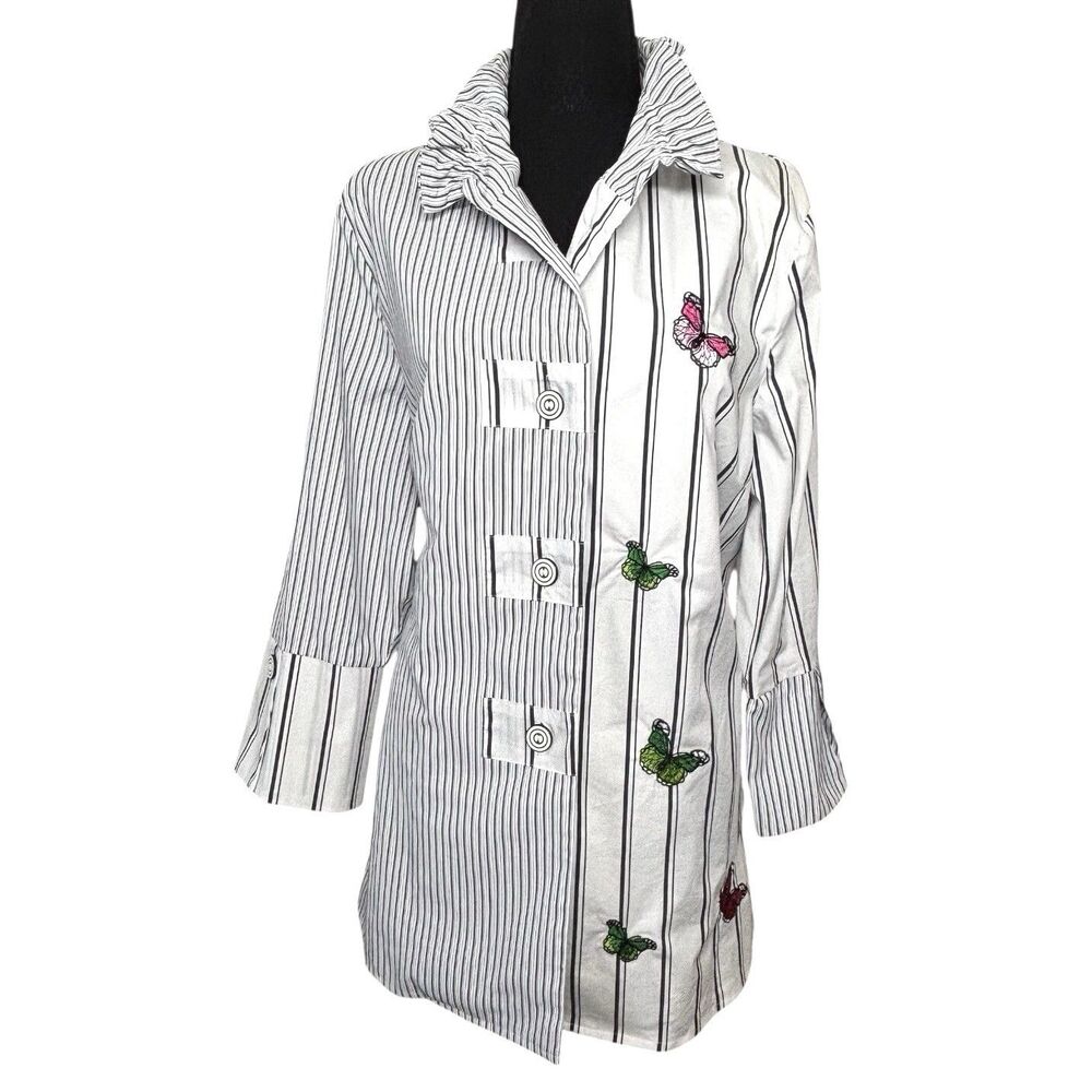CALEOOA Whimsical Top Button Up Striped Tunic Embroidered Butterflies
